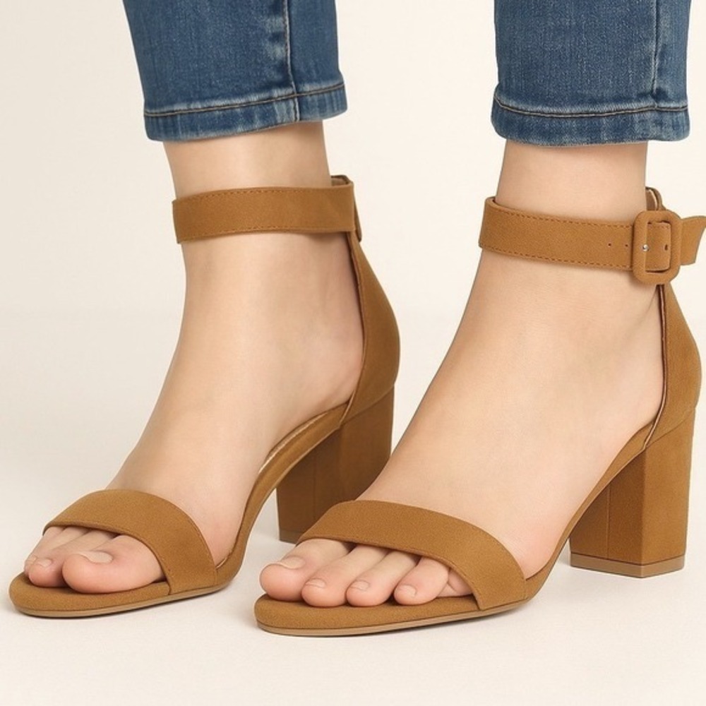 Allegra K Tan Nude Faux Suede Block Heel Ankle Strap Sandals 11 Party Glam 05-04